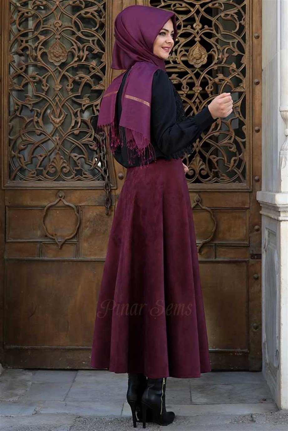 Pınar Şems Fiyonklu Süet Etek Bordo