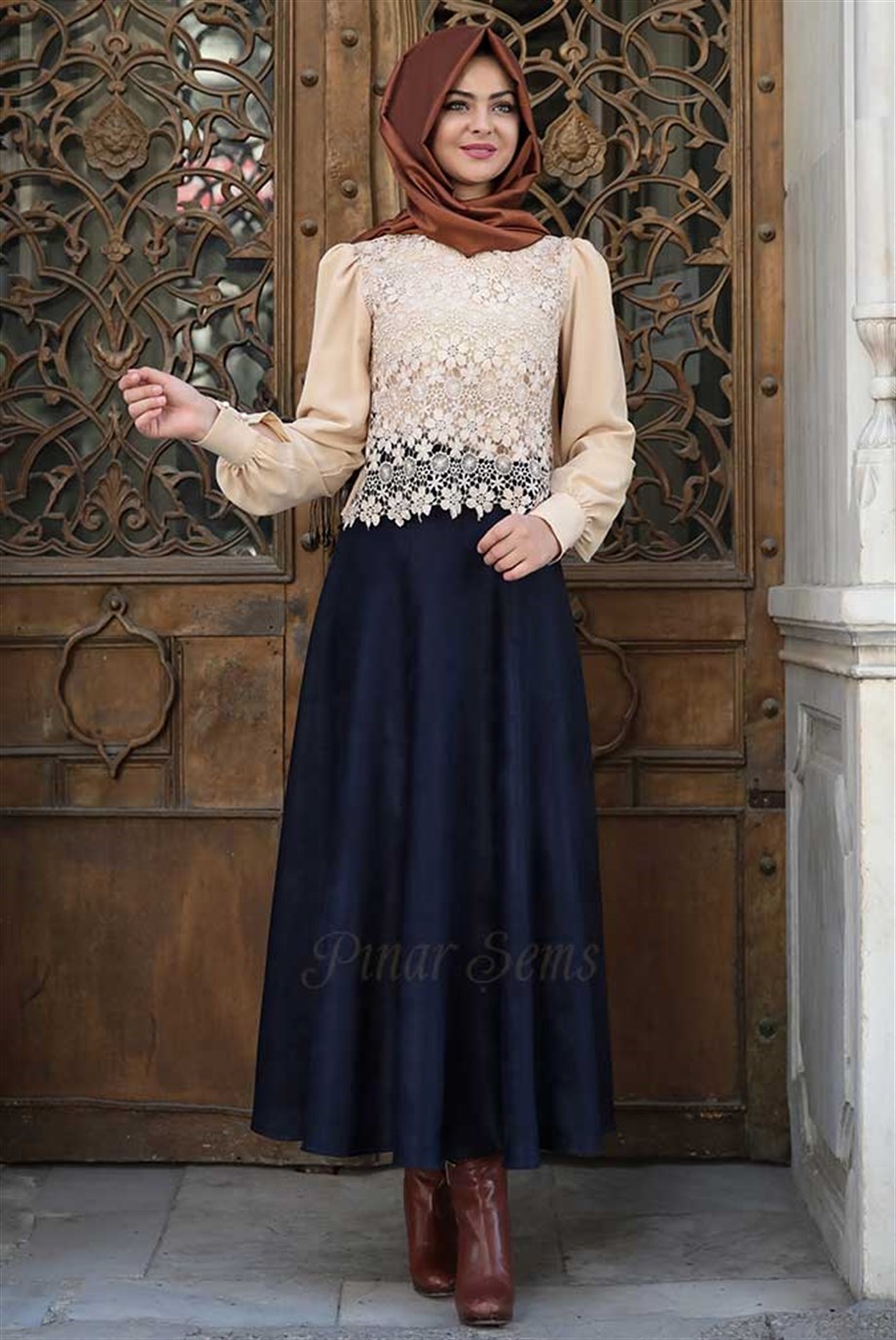 Pınar Şems Fiyonklu Süet Etek Lacivert