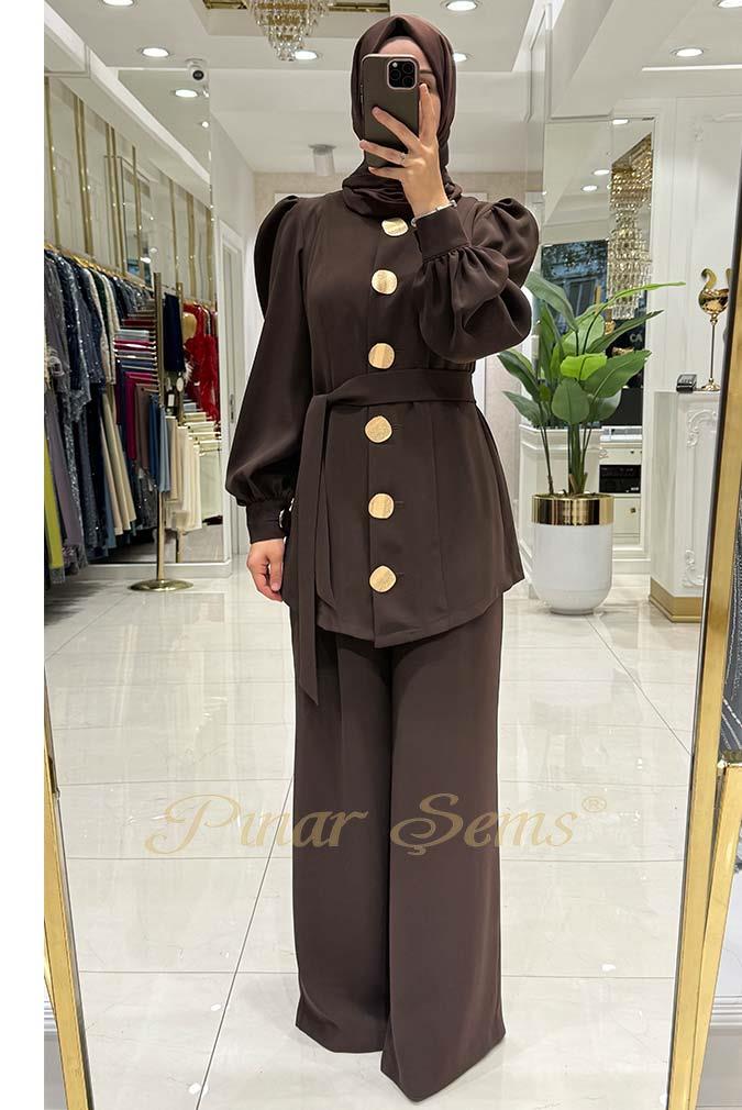 Pınar Şems Gold Düğmeli Takım Kahverengi