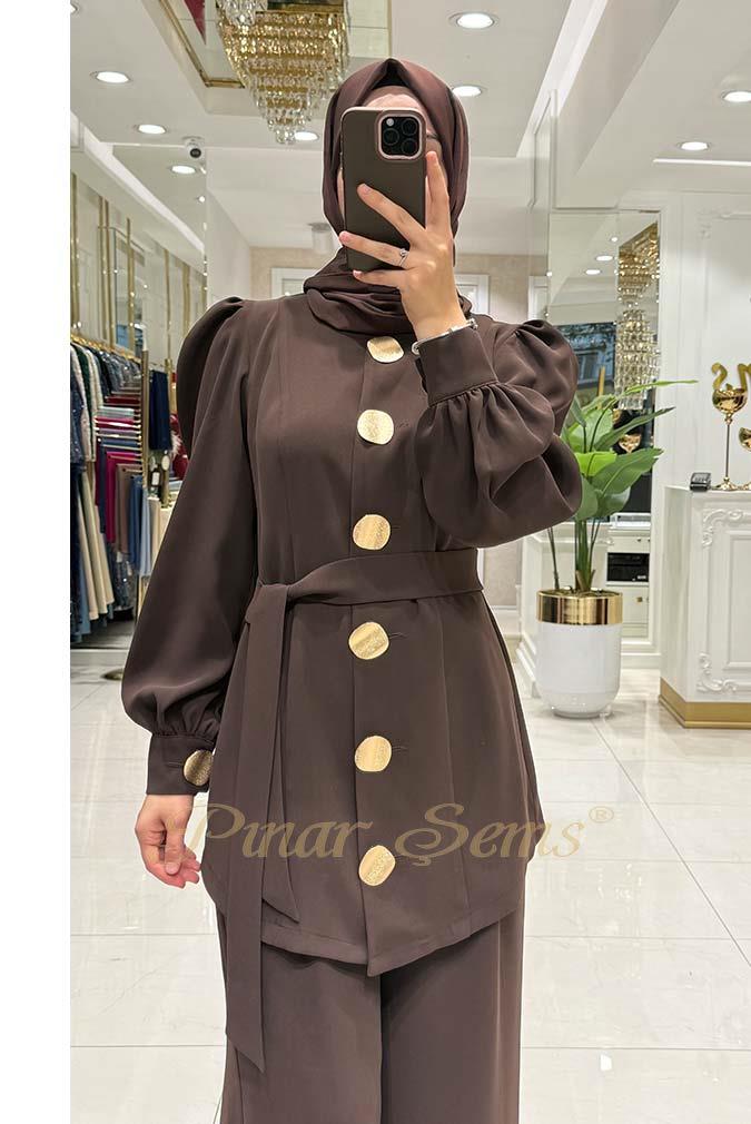 Pınar Şems Gold Düğmeli Takım Kahverengi