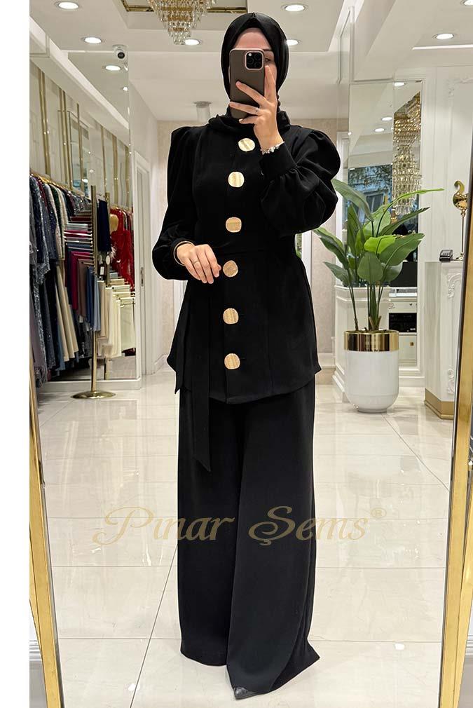 Pınar Şems Gold Düğmeli Takım Siyah