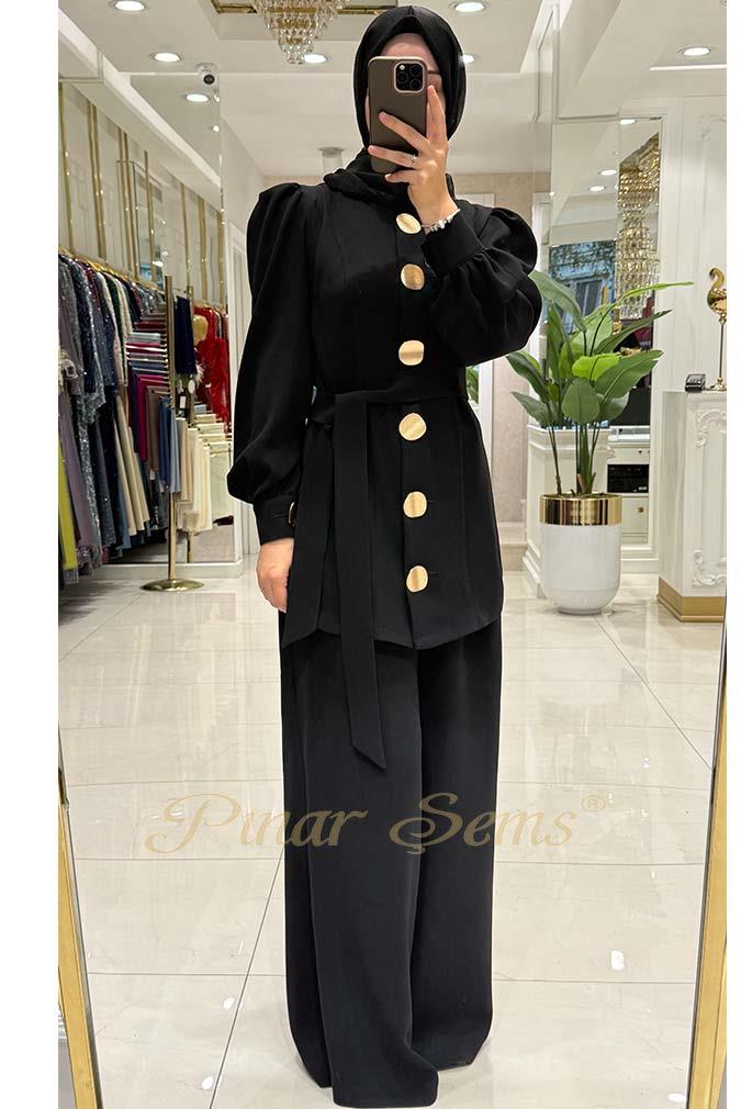 Pınar Şems Gold Düğmeli Takım Siyah