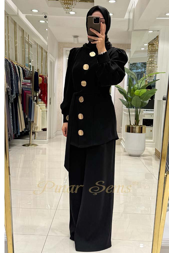 Pınar Şems Gold Düğmeli Takım Siyah