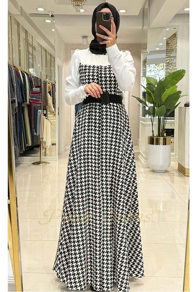 Pınar Şems Kazayağı Zirve Elbise SİYAH - BEYAZ