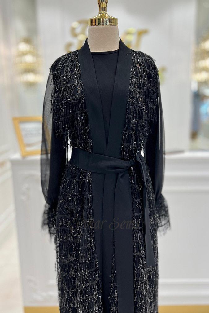 Pınar Şems Püsküllü Abaya Siyah
