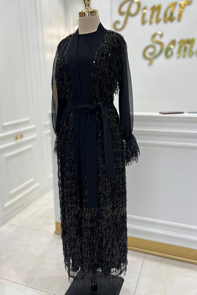 Pınar Şems Püsküllü Abaya Siyah