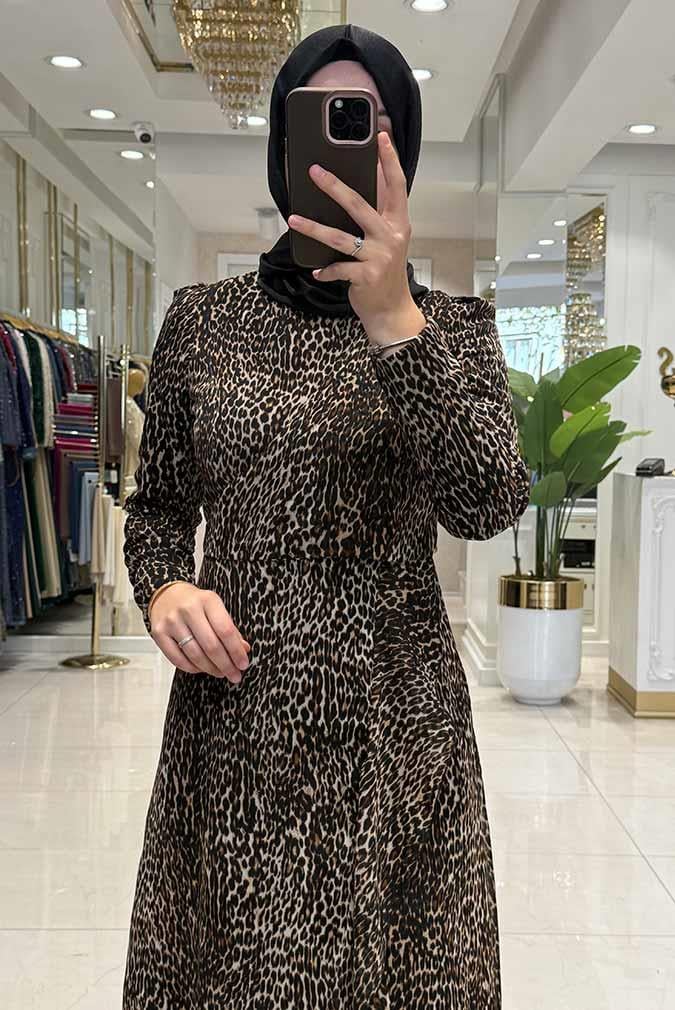 Pınar Şems Şifon Leopar Elbise Kahverengi