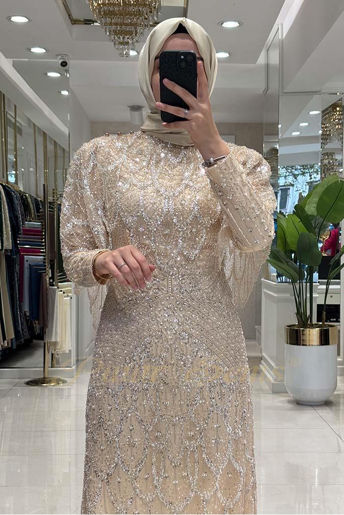 Pınar Şems Taşlı Lavanta Abiye Krem