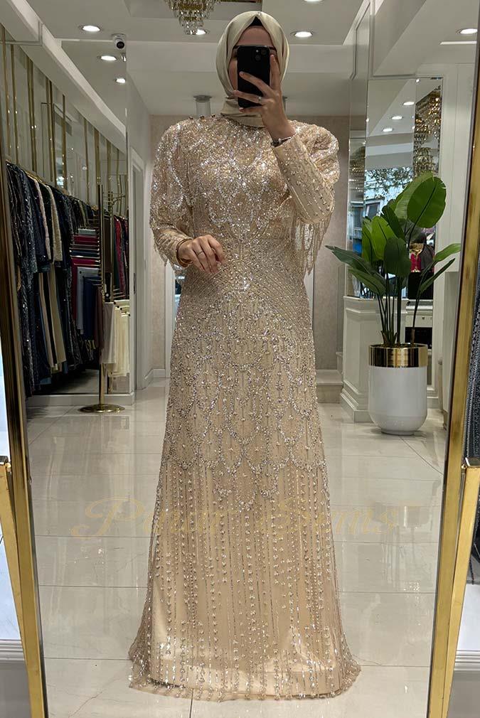 Pınar Şems Taşlı Lavanta Abiye Krem