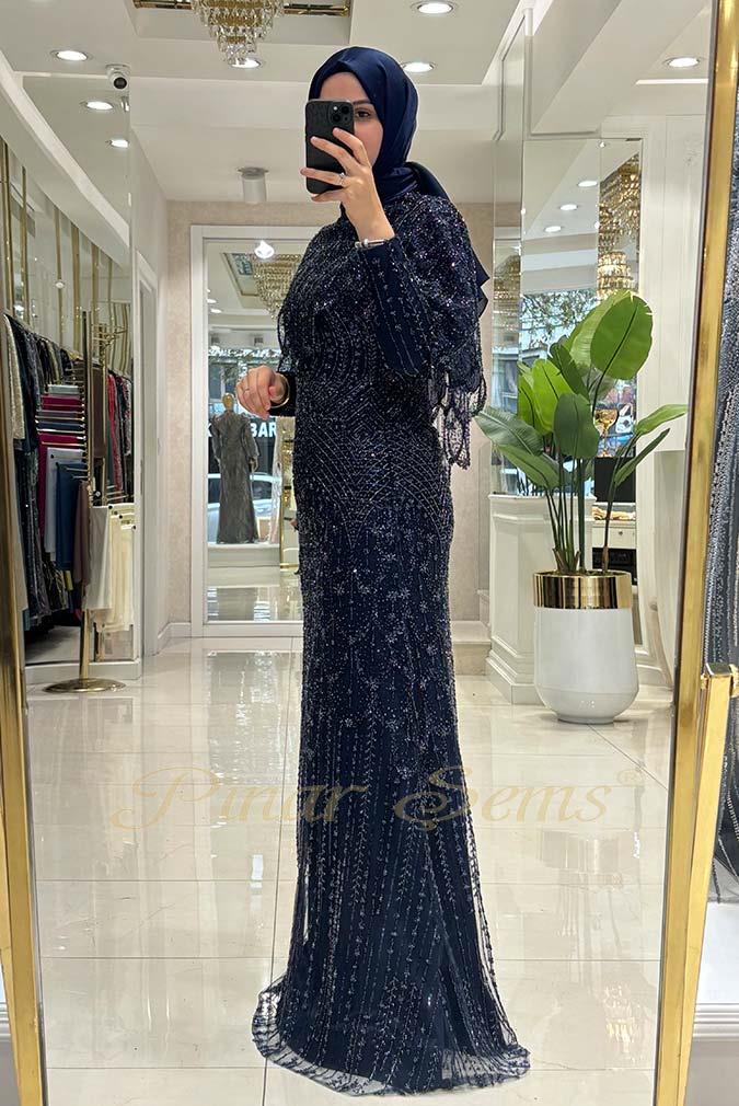 Pınar Şems Taşlı Lavanta Abiye Lacivert