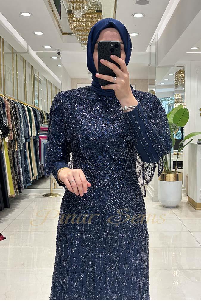 Pınar Şems Taşlı Lavanta Abiye Lacivert