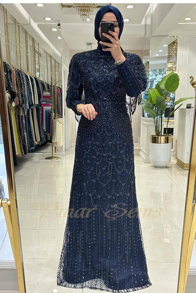 Pınar Şems Taşlı Lavanta Abiye Lacivert