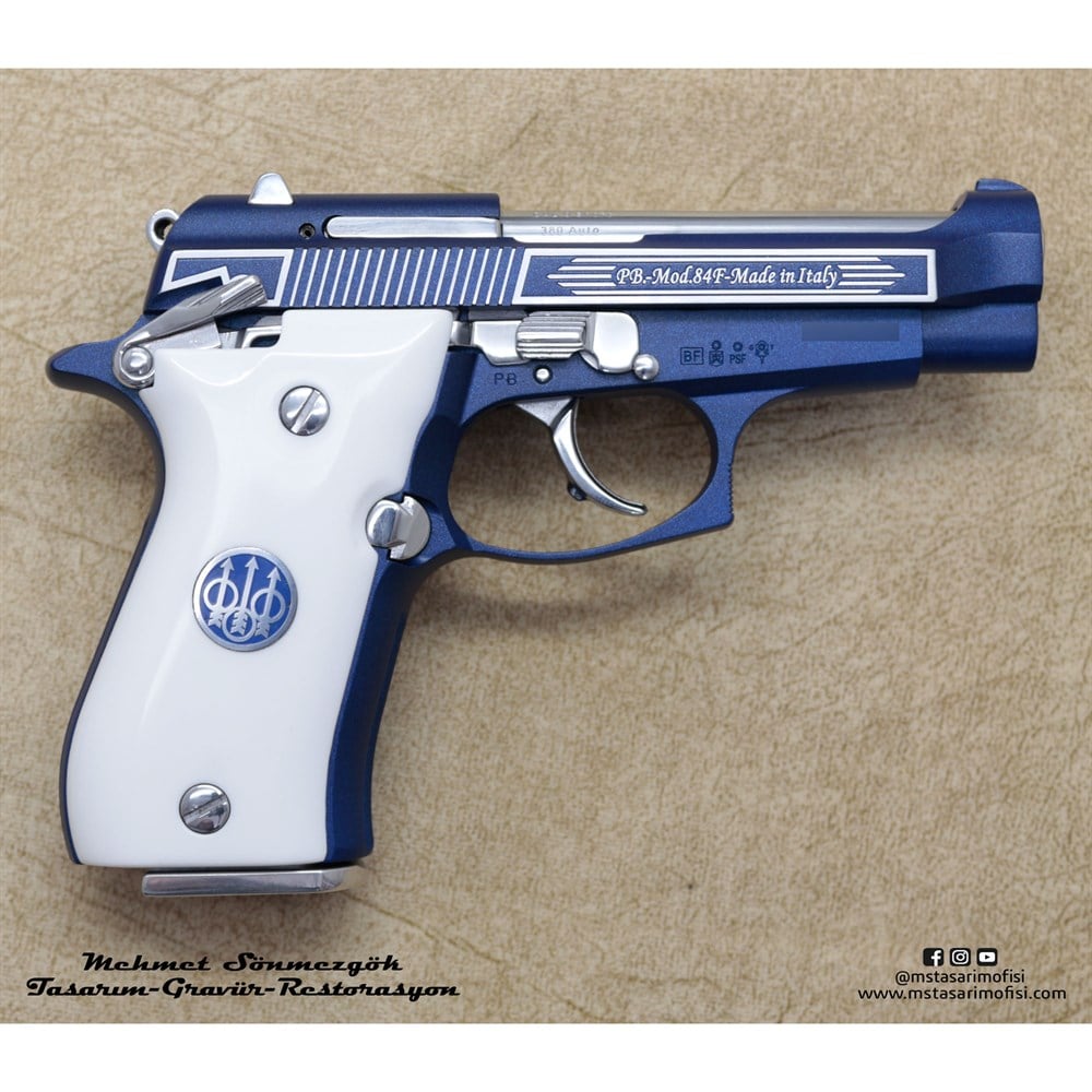 Beretta MOD 84F Modifiye // Kabartma Dekoratif Yazıı,Beyaz Pleksi Kabze