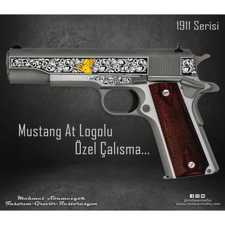 Colt 1911 Gravür Çizimi_Mustang At Logolu