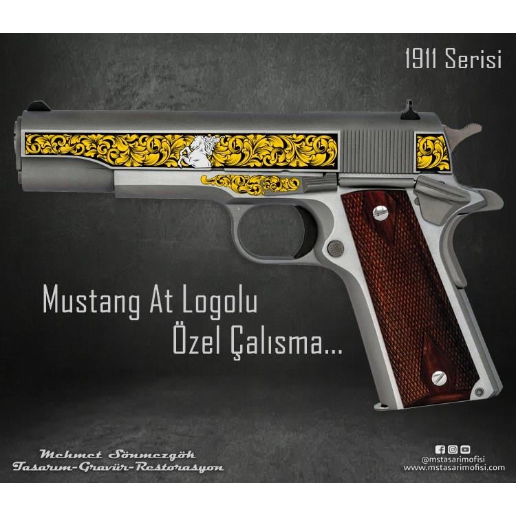 Colt 1911 Gravür Çizimi_Mustang At Logolu