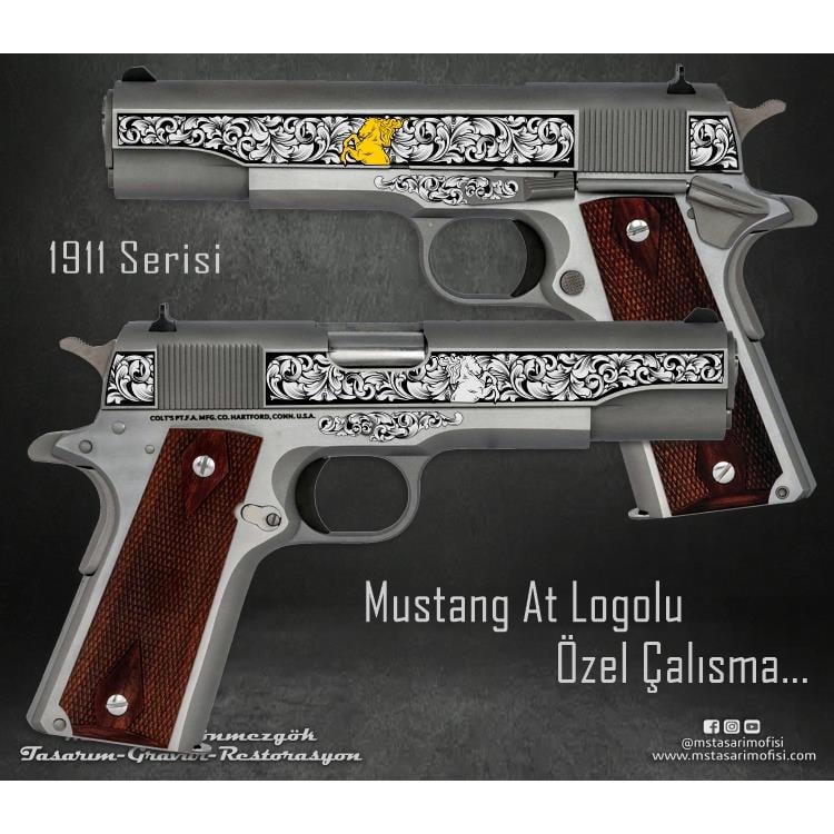 Colt 1911 Gravür Çizimi_Mustang At Logolu