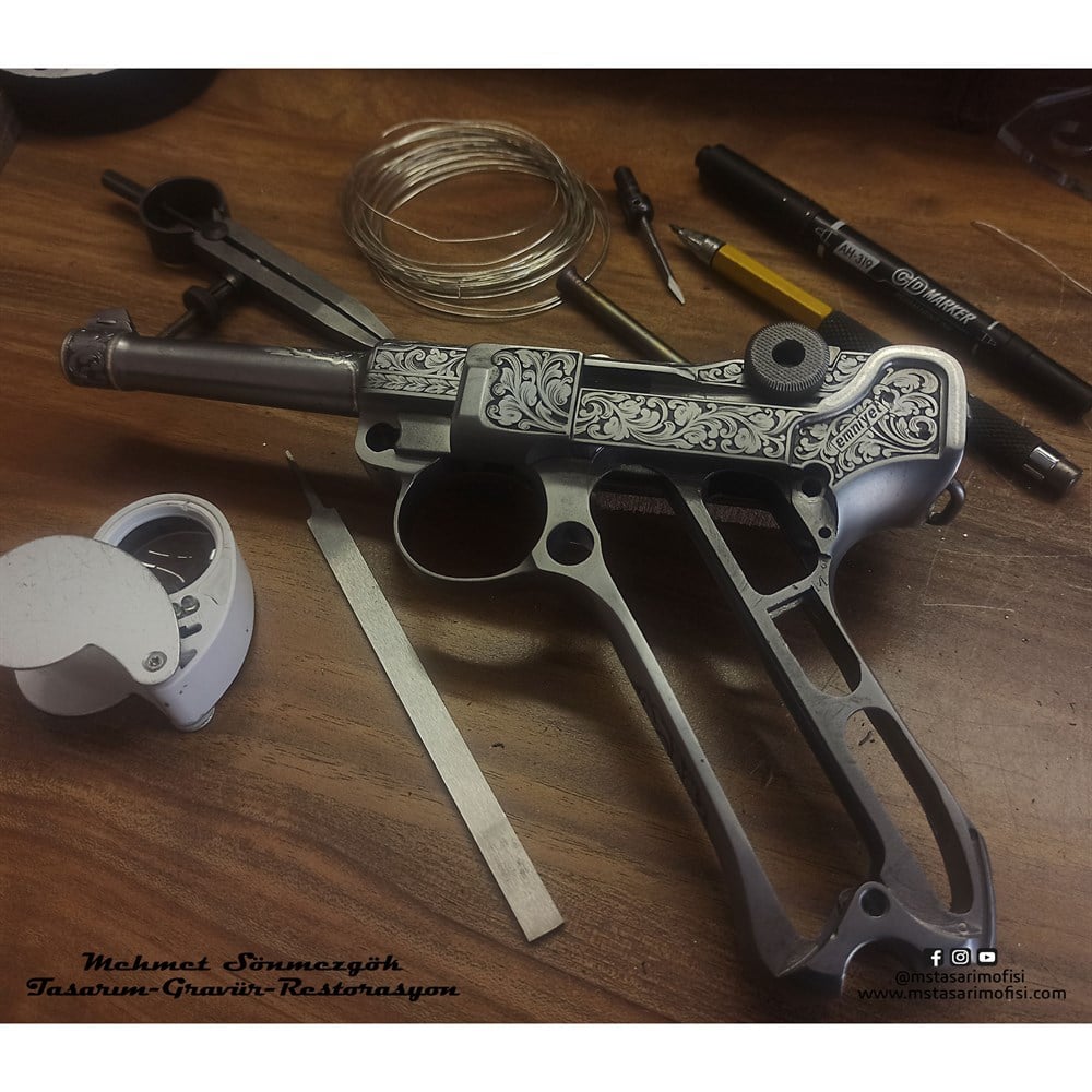 Luger P08 Gravür // Gümüş Kakmalı Özel Gravür