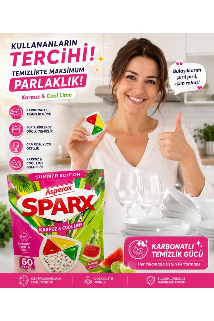 Asperox Sparx Bulaşık Makinesi Kapsülü 60’lı Summer Edition Karpuz & Cool Lime Kokulu – Karbonatlı Temizlik Gücü, Yağ Çözücü, Cam Koruma