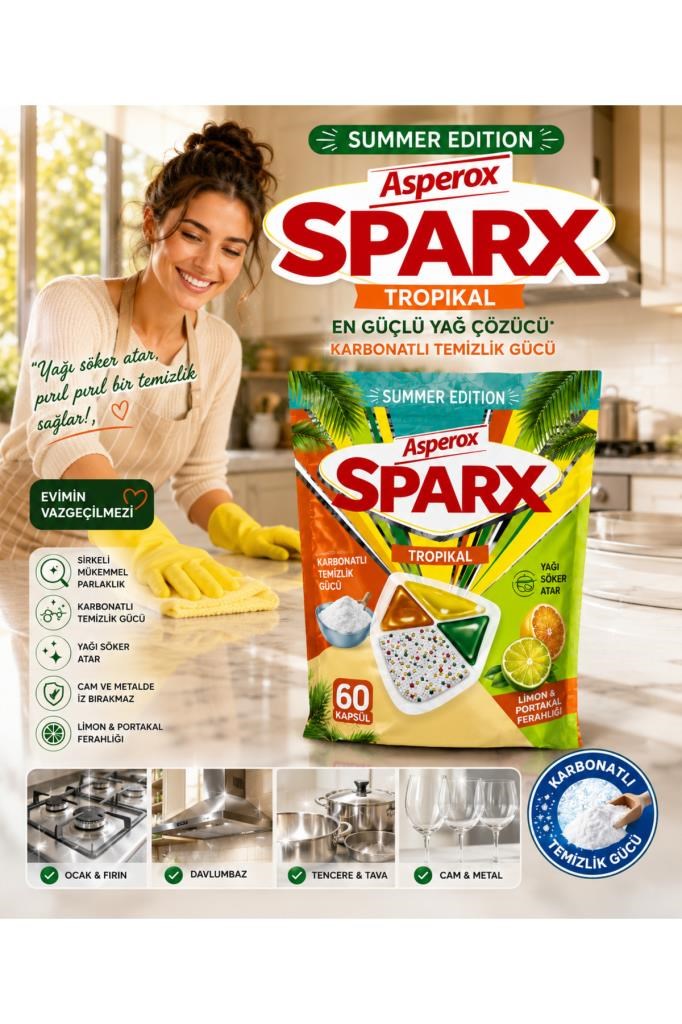 Asperox SPARX Tropikal Bulaşık Makinesi Kapsülü 60’lı – Karbonatlı Güçlü Yağ Çözücü, Narenciye Ferahlığı, Summer Edition