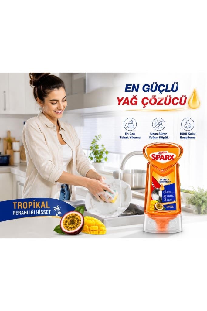 Asperox Sparx Tropikal Sıvı Bulaşık Deterjanı 650 ml – Güçlü Yağ Çözücü, Yoğun Köpük, Tropikal Ferahlık