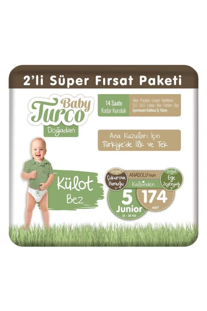 Baby Turco Doğadan 2'li Süper Fırsat Paketi Külot Bez 5 Numara Junior 174 Adet