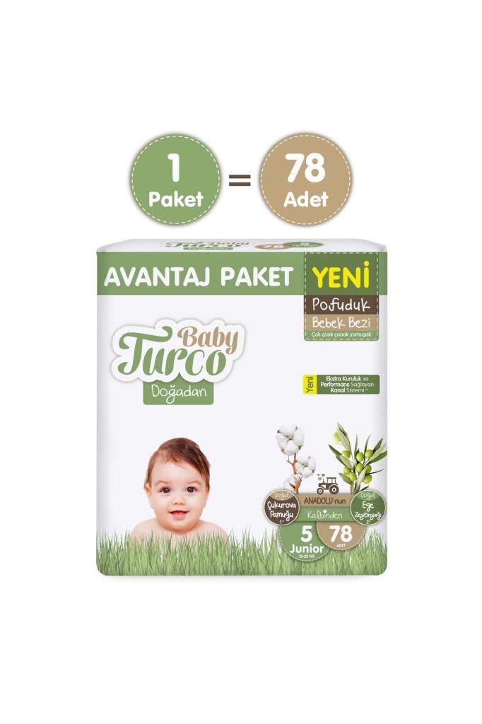 Baby Turco Doğadan Avantaj Paketi Pofuduk Bebek Bezi 5 Numara Junior 78 Adet