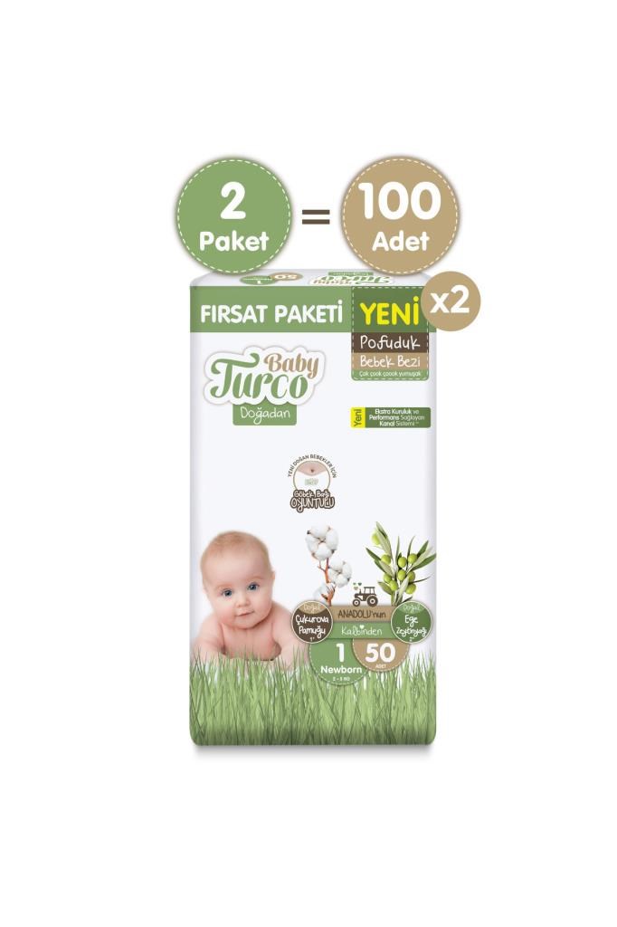 Baby Turco Doğadan Ekonomik Fırsat Paketi Pofuduk Bebek Bezi 1 Numara Newborn 100 Adet