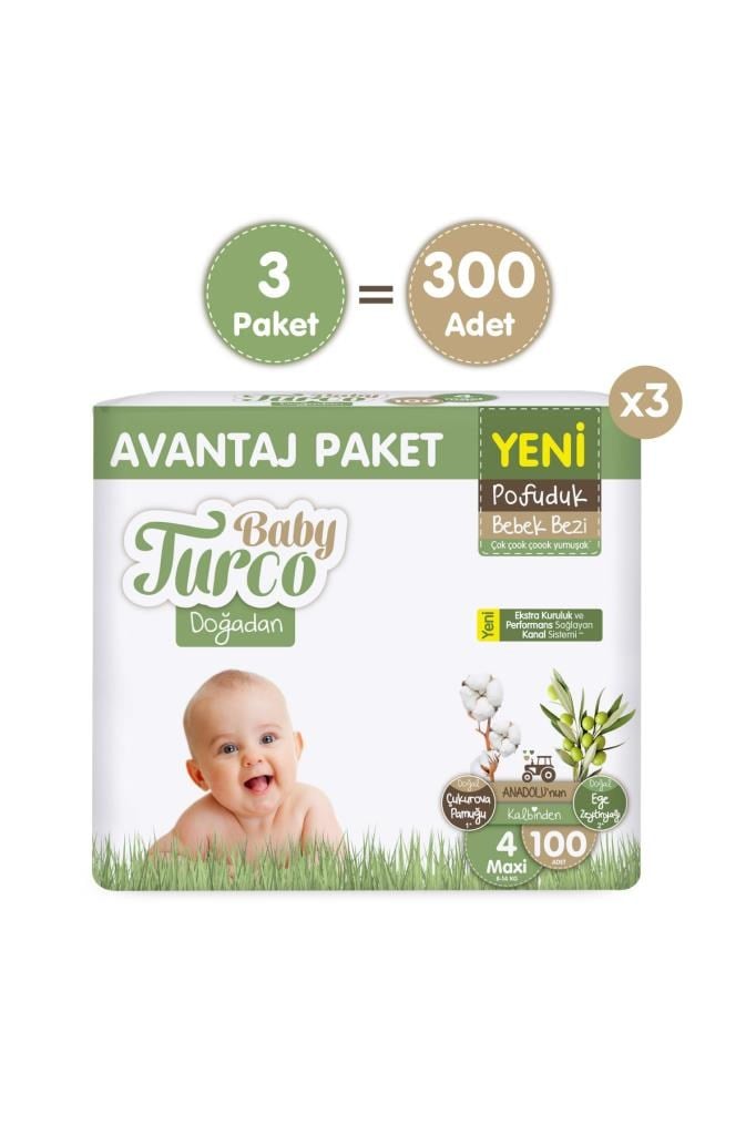 Baby Turco Doğadan Mega Avantaj Paketi Pofuduk Bebek Bezi 4 Numara Maxi 300 Adet