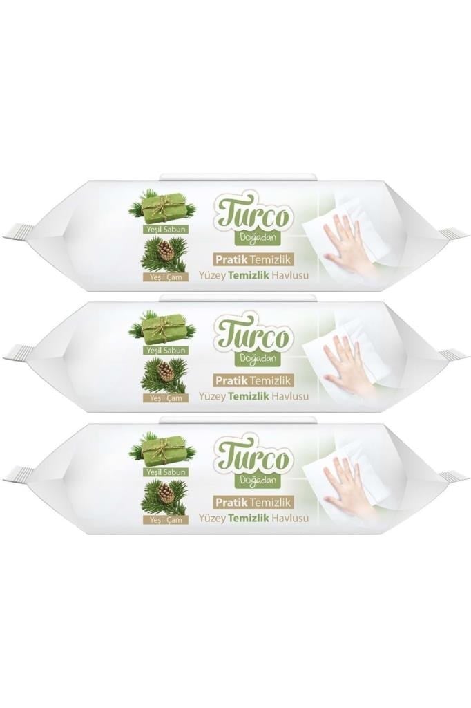 Baby Turco Turco Doğadan Pratik Yüzey Temizlik Havlusu 100 Yaprak Yeşil Sabun/Yeşil Çam (3 Lü Set) 300 Yaprak