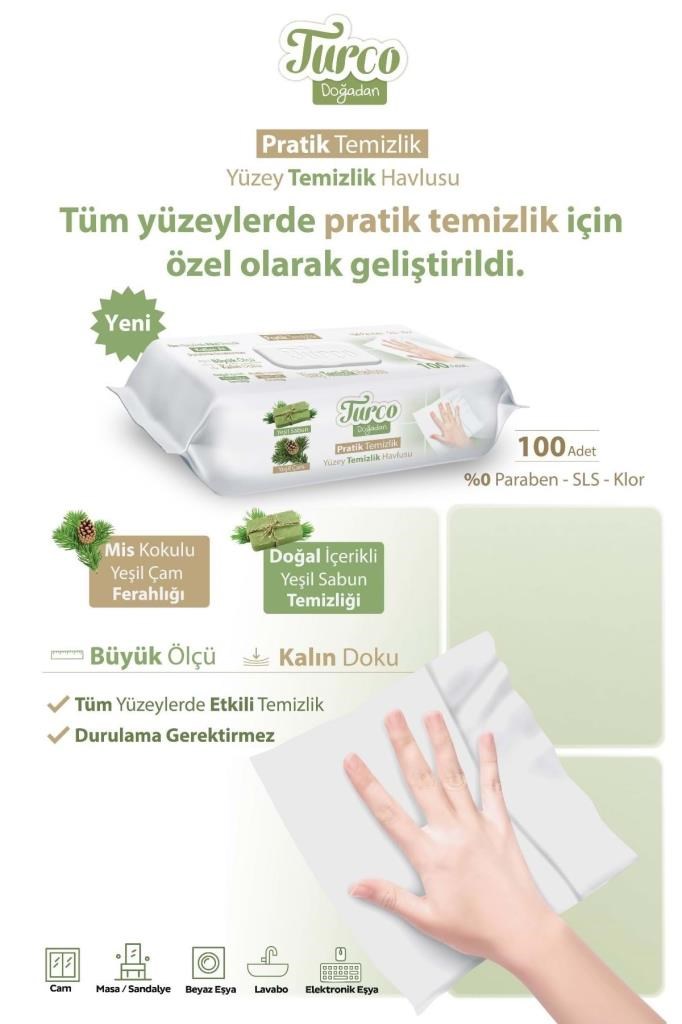 Baby Turco Turco Doğadan Pratik Yüzey Temizlik Havlusu 100 Yaprak Yeşil Sabun/Yeşil Çam (3 Lü Set) 300 Yaprak