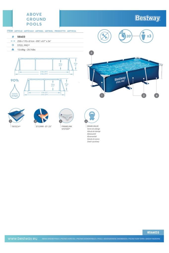 Bestway ® 56403 Steel Pro® Dikdörtgen Yerüstü Prefabrik Havuz 2,59 M X 1,70 M X 61 Cm