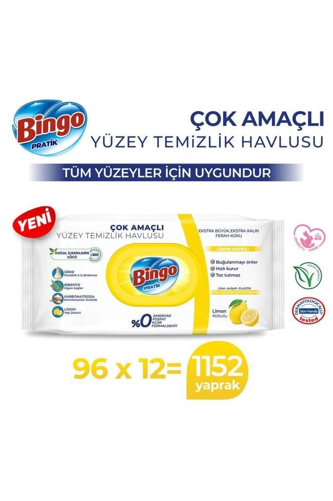 Bingo Pratik Yüzey Temizlik Havlusu Limon Kokulu 96x12 (1152 YAPRAK)