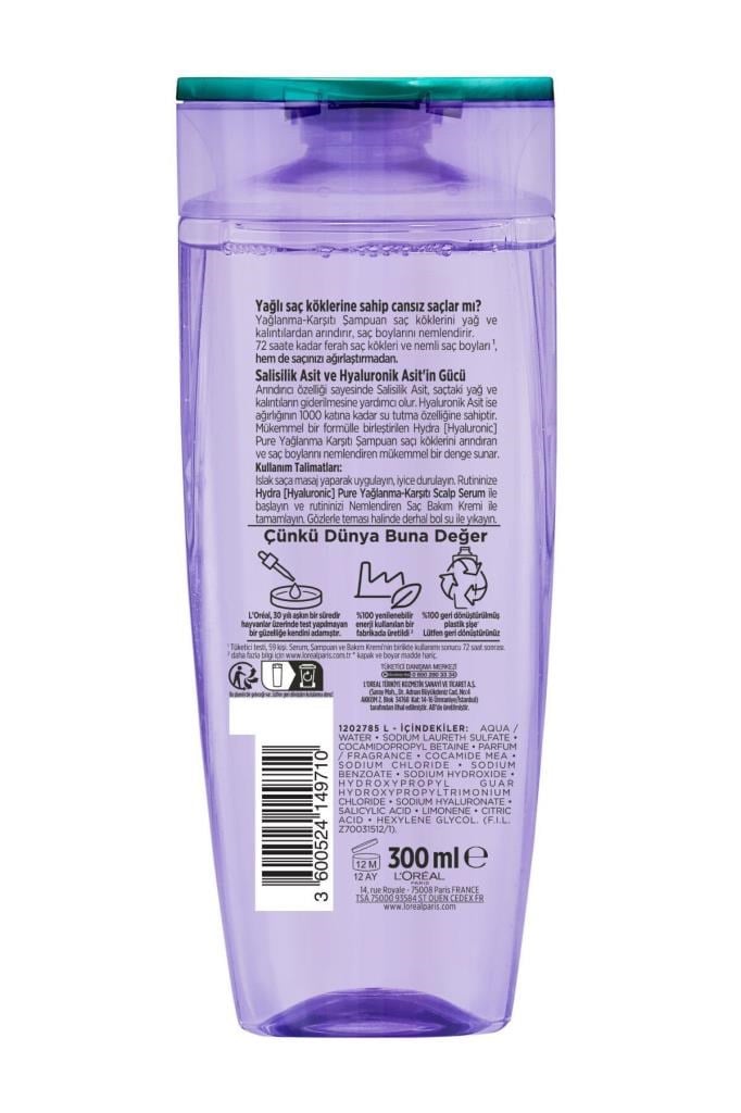 Elseve Hydra [hyaluronic] Pure Salisilik Asit Içeren Yağlanma Karşıtı Arındırıcı Şampuan 300ml