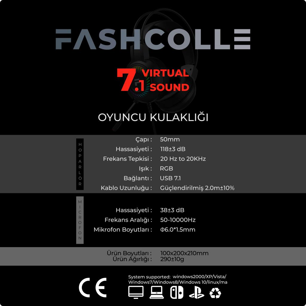 Fashcolle 7.1 Virtual Surround Rgb Profesyonel Oyuncu Kulaklığı (FC8100B)