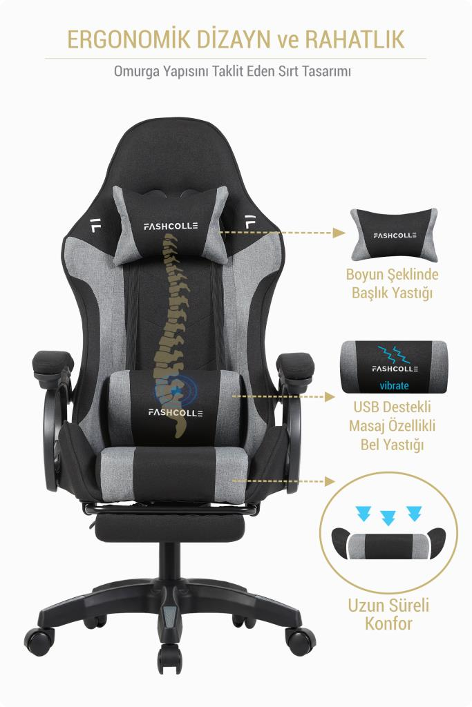 Fashcolle Dynamic Air Kumaş Grey Masajlı Oyuncu Koltuğu