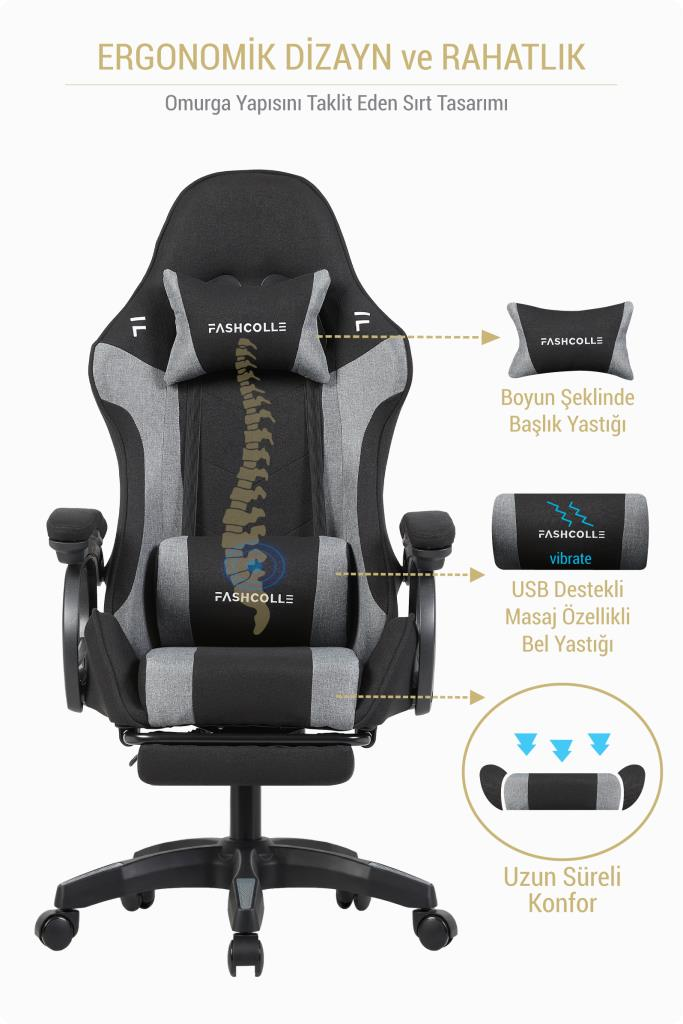 Fashcolle Dynamic Air Kumaş Grey Masajlı Oyuncu Koltuğu