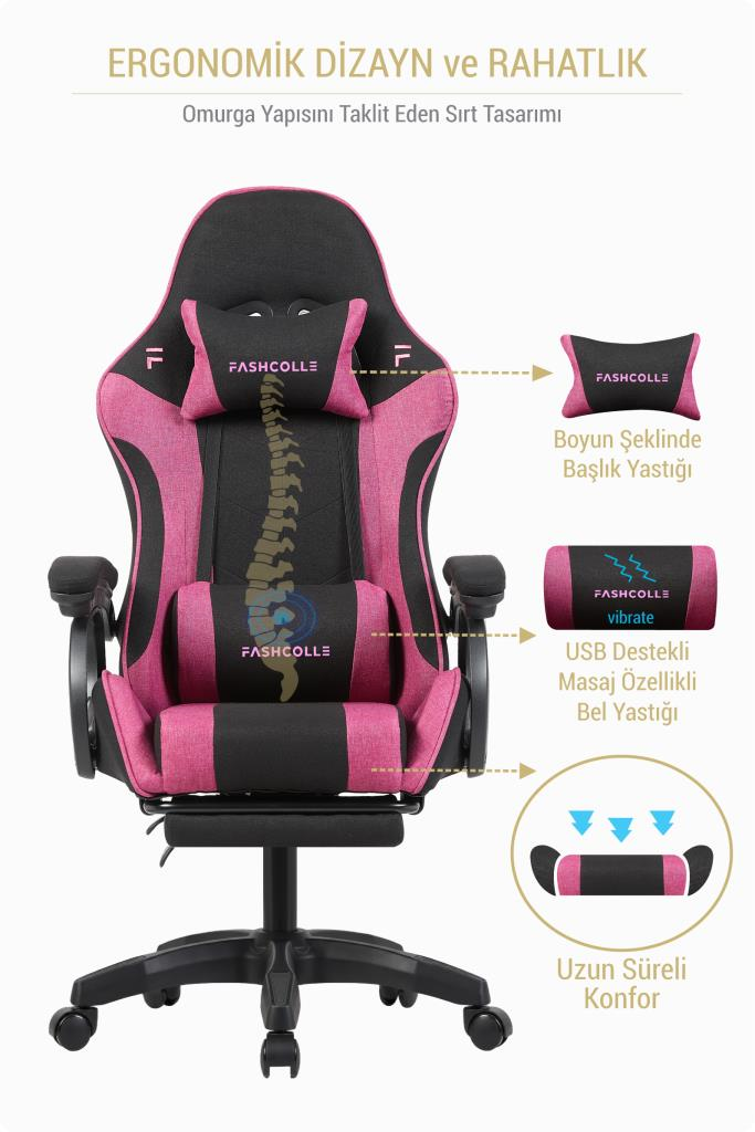 Fashcolle Dynamic Air Kumaş Pink Masajlı Oyuncu Koltuğu