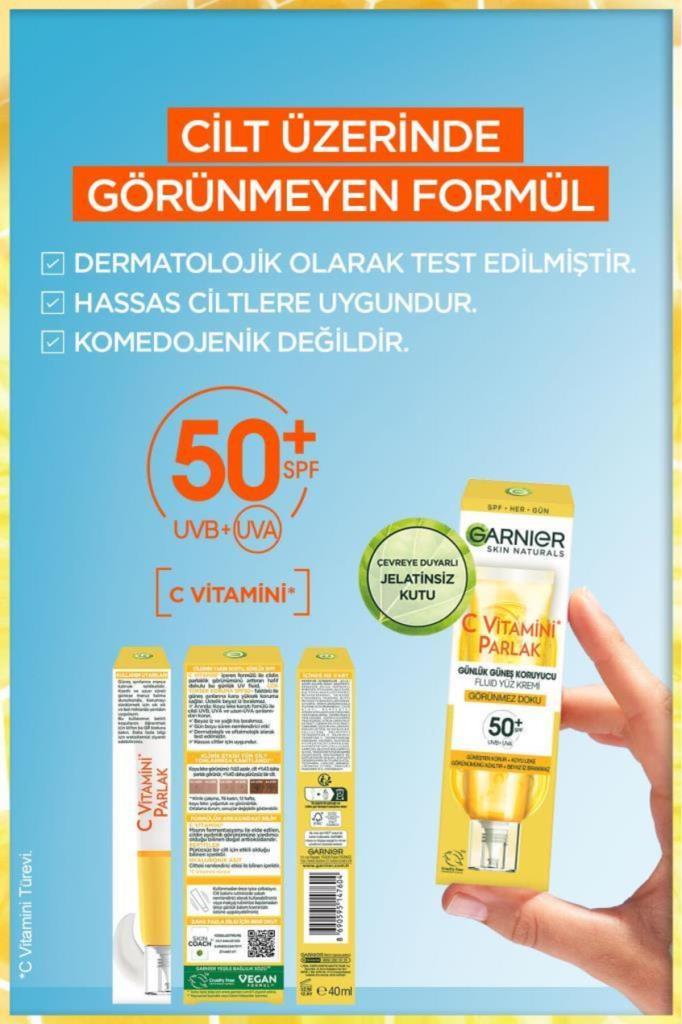 GarnierC Vitamini Parlak Günlük Güneş Koruyucu Fluid Yüz Kremi Görünmez Doku Spf50 40ml