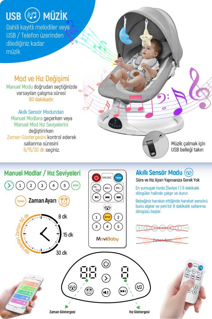 Livenzi Movibaby Hareket Sensörlü Otomatik Ana Kucağı-Grey