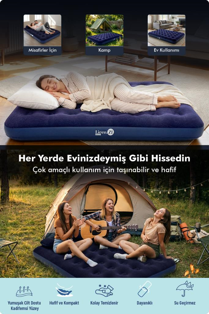 Livenzi Nature Çift Kişilik Şişme Yatak & Yastık + Manuel Şişirme Pompası (203 X 183 X 22 Cm )