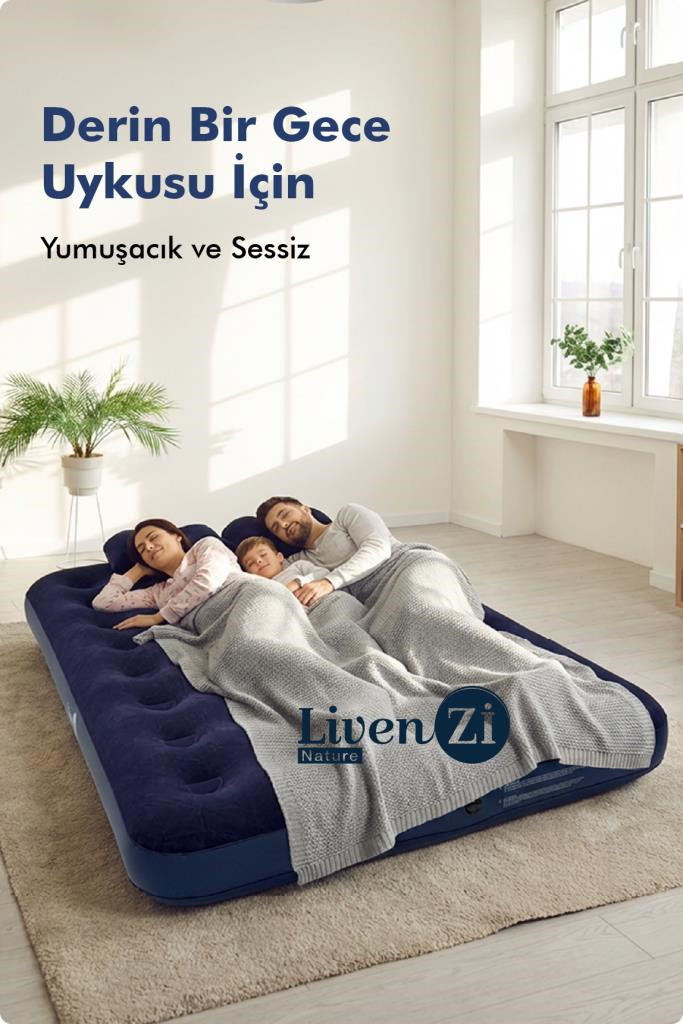 Livenzi Nature Çift Kişilik Şişme Yatak & Yastık + Manuel Şişirme Pompası (203 × 152 × 22 Cm )