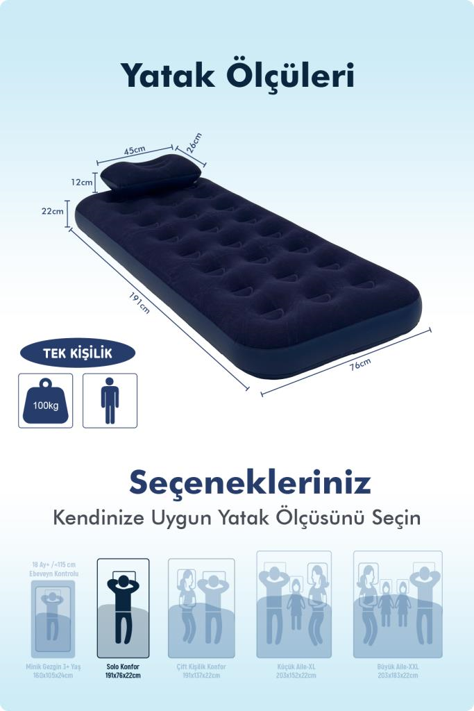 Livenzi Nature Tek Kişilik Şişme Yatak & Yastık (191 × 76 × 22 Cm)