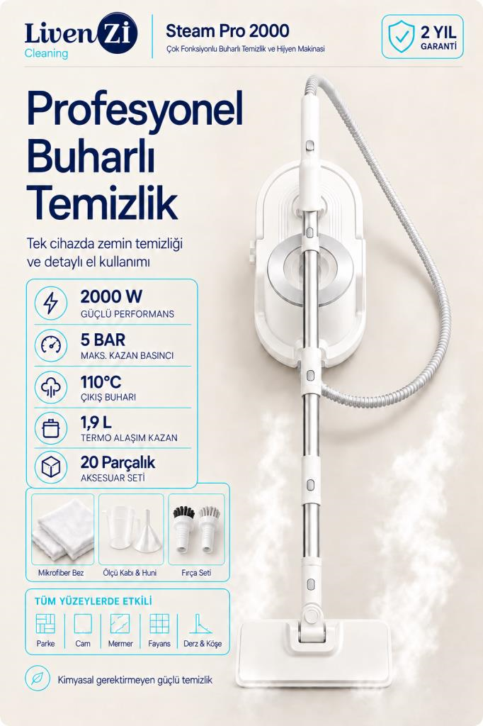 LivenZi Steam Pro 2000 Çok Fonksiyonlu Buharlı Temizlik & Hijyen Makinesi Beyaz