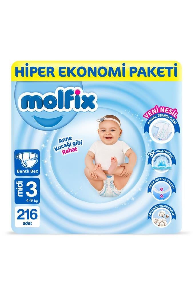 Molfix Bebek Bezi 3 Beden Midi Hiper Ekonomi Paketi 216 Adet