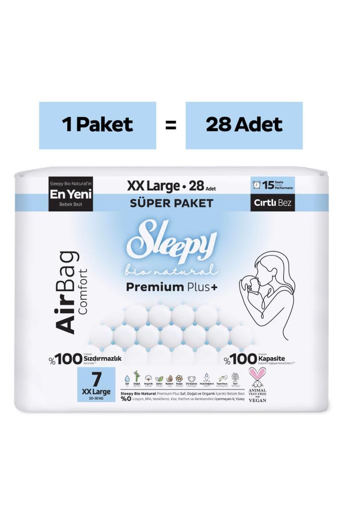 Sleepy Bio Natural Premium Plus Airbag Comfort Süper Paket Bebek Bezi 7 Numara Xxlarge 28 Adet