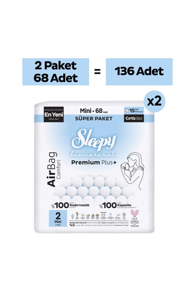 Sleepy Bio Natural Premium Plus Airbag Comfort Avantaj Paketi Bebek Bezi 2 Numara Mini 136 Adet