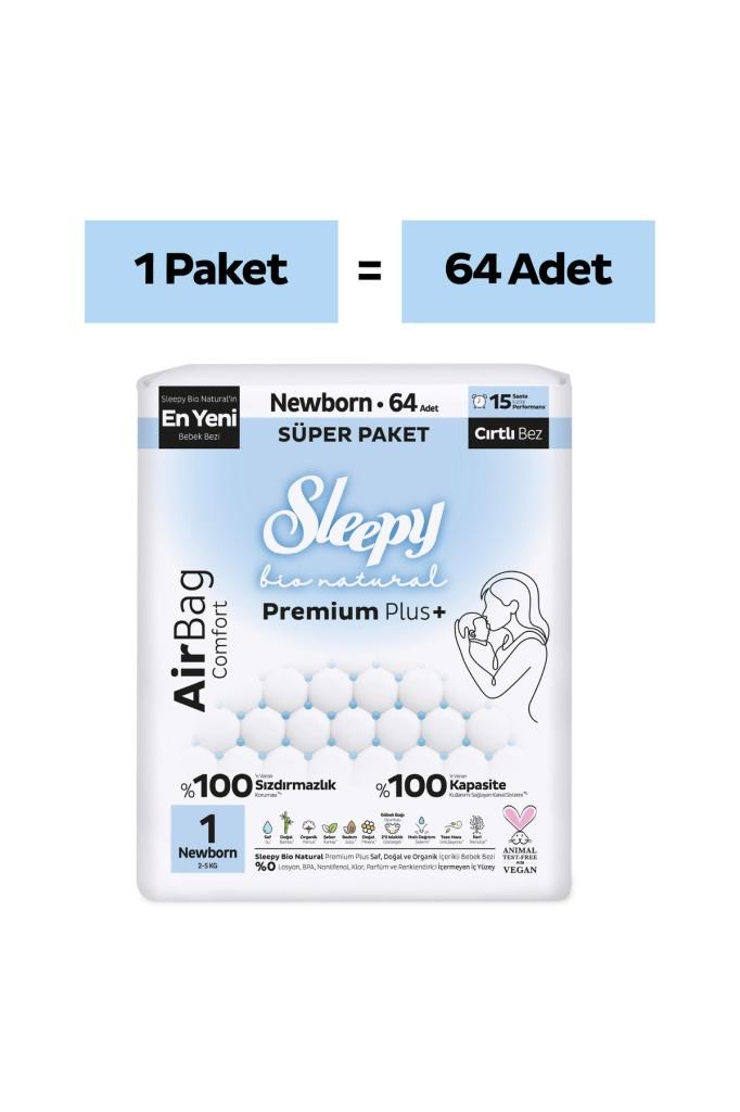 Sleepy Bio Natural Premium Plus Airbag Comfort Süper Paket Bebek Bezi 1 Numara Newborn 64 Adet