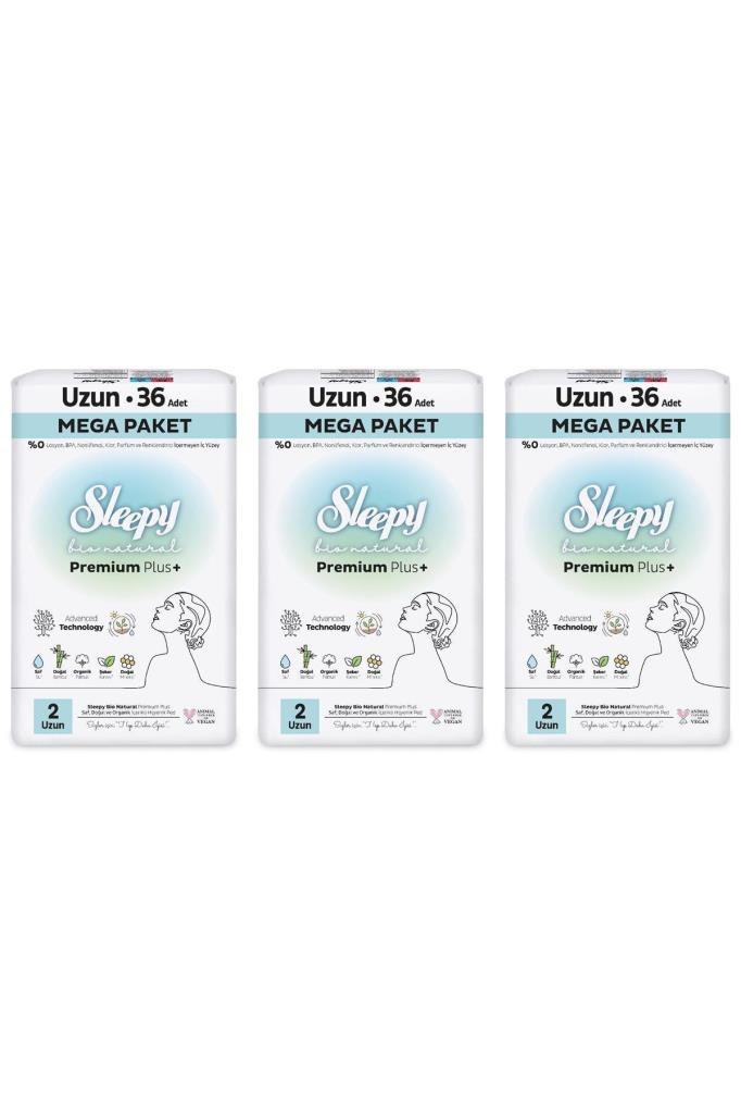Sleepy Bio Natural Premium Plus Hijyenik Ped Mega Paket Uzun 36X3 (108 Adet)