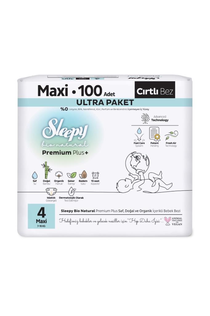 Sleepy Bio Natural Premium Plus Ultra Paket Bebek Bezi 4 Numara Maxi 100 Adet