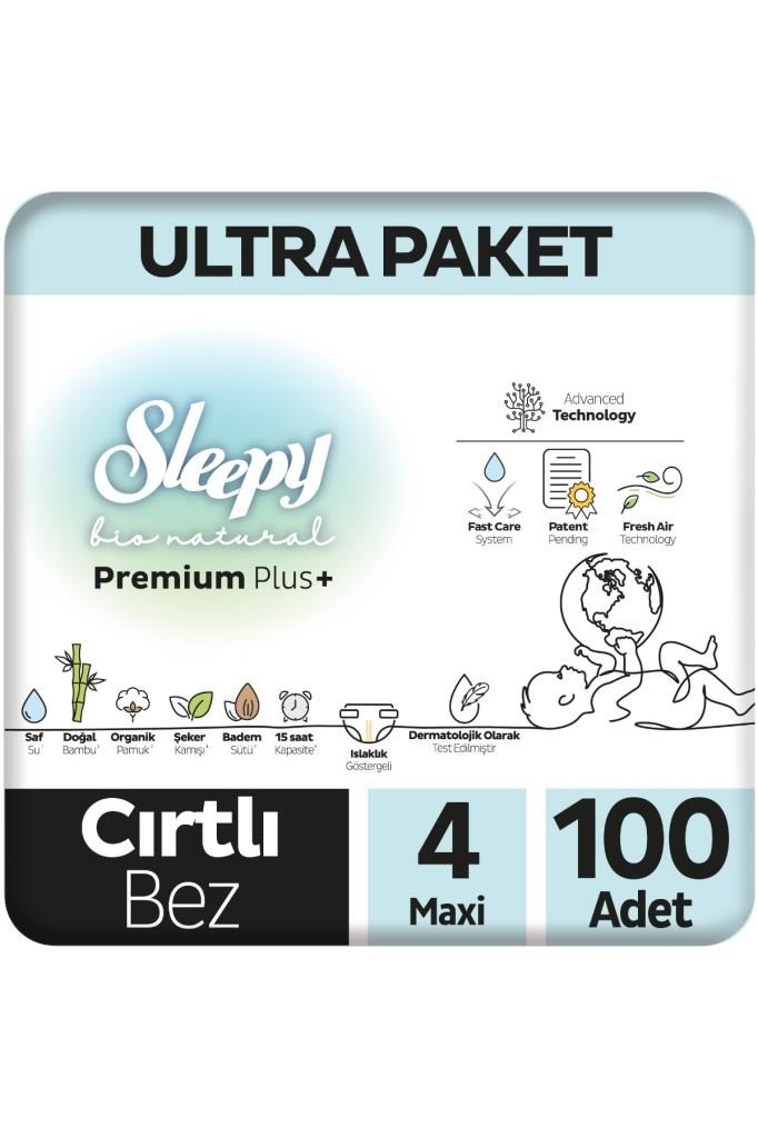 Sleepy Bio Natural Premium Plus Ultra Paket Bebek Bezi 4 Numara Maxi 100 Adet